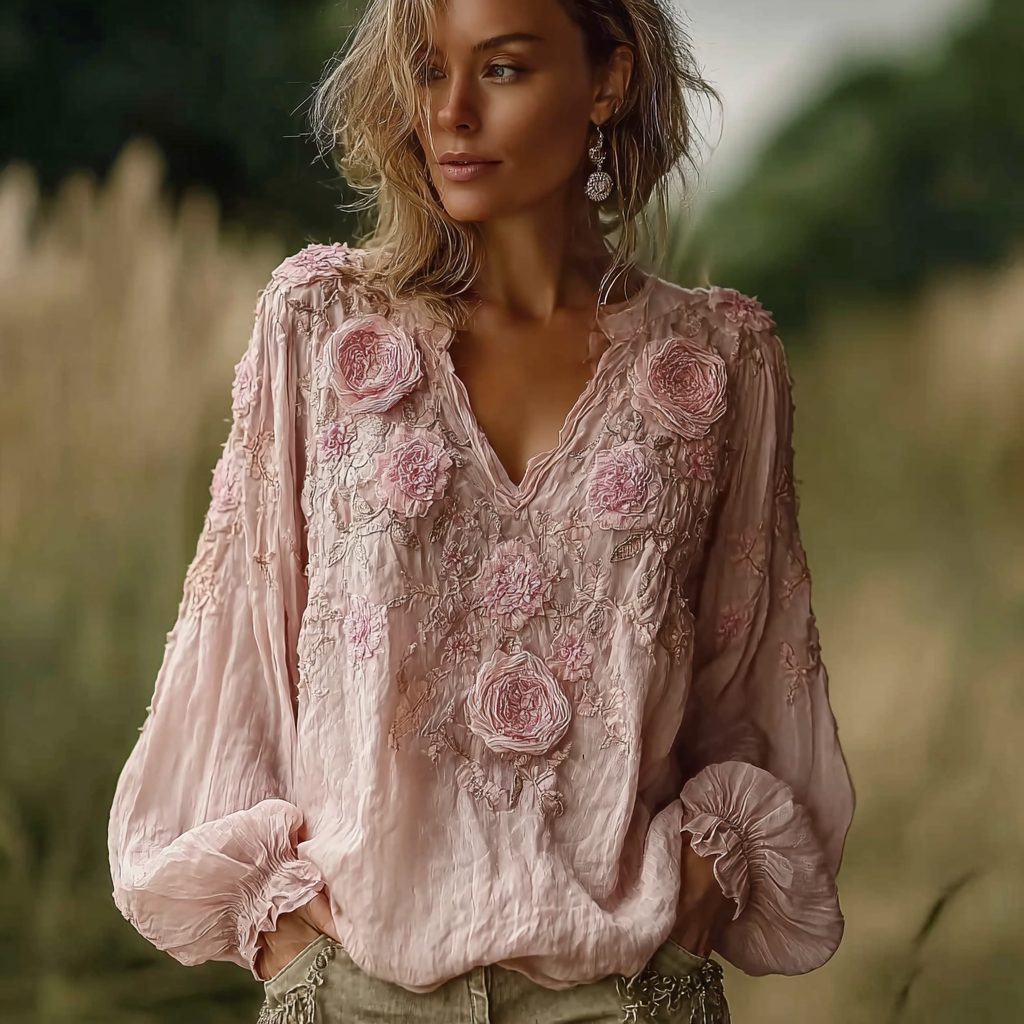 Bohemian Retro Countryside Style Plant Flower Design Cotton And Linen Women's Long-sleeve Shirt