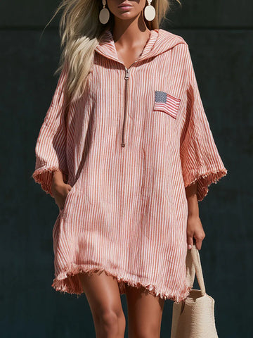 Vintage American Flag Embroidered Hooded Red And White Striped Cotton And Linen Mini Dress