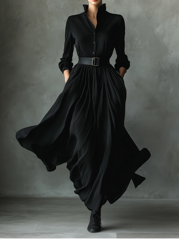 Women's Black Blend Textured Pleated Vintage Maxi Dress MDA0859H8T