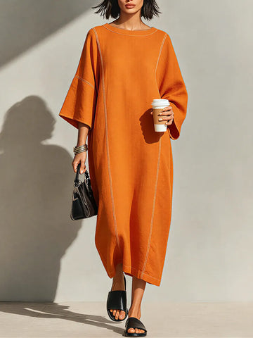 Women's Burnt Orange Linen Blend Maxi Dress With Contrast White Topstitch Seams & Dolman Three Quarter Sleeves, Minimalist Loose Loungewear Maxi Dress MDZ3035F1LYL