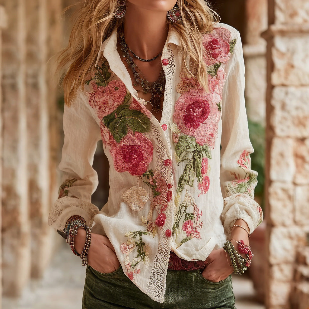Women's Rose Art Flowy Linen Blend Casual Shirt