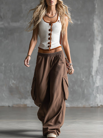 Stylish Sporty White Tank Top And Brown Sweatpants Set