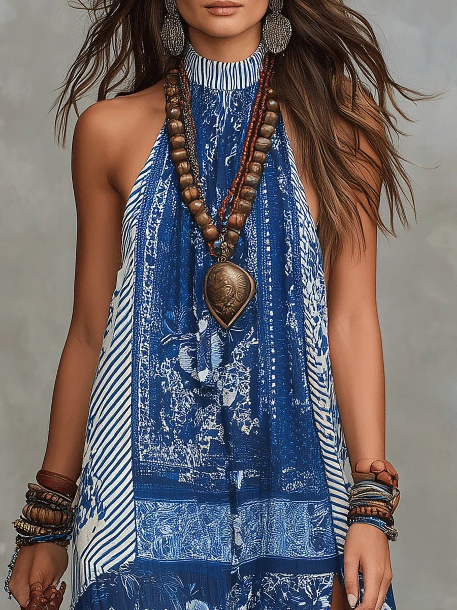 Boho Bliss Chic Slit Blue Floral Maxi Dress