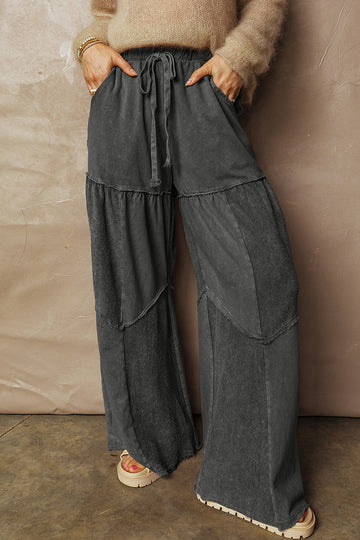 Washed Patchwork Drawstring Wide-Leg Pants
