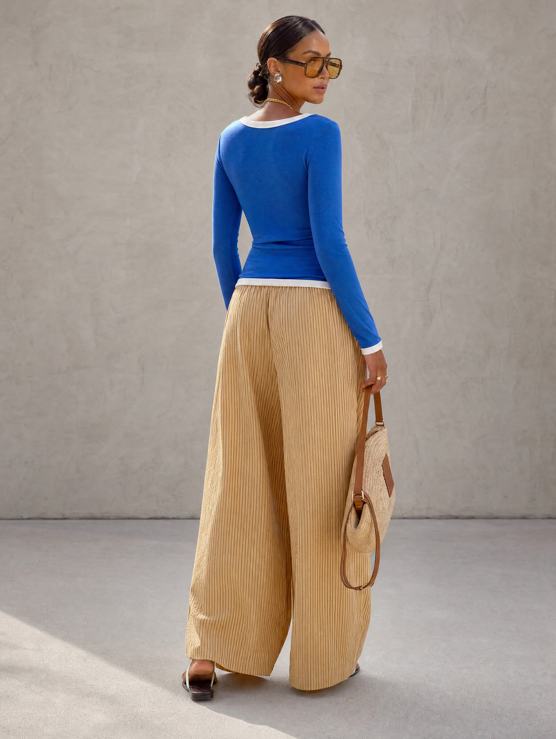 Women's Casual Klein Blue Stretch Long-Sleeve Top And Yellow-And-White Striped Woven Trousers 2-Piece Set MDZ1973H8LXY