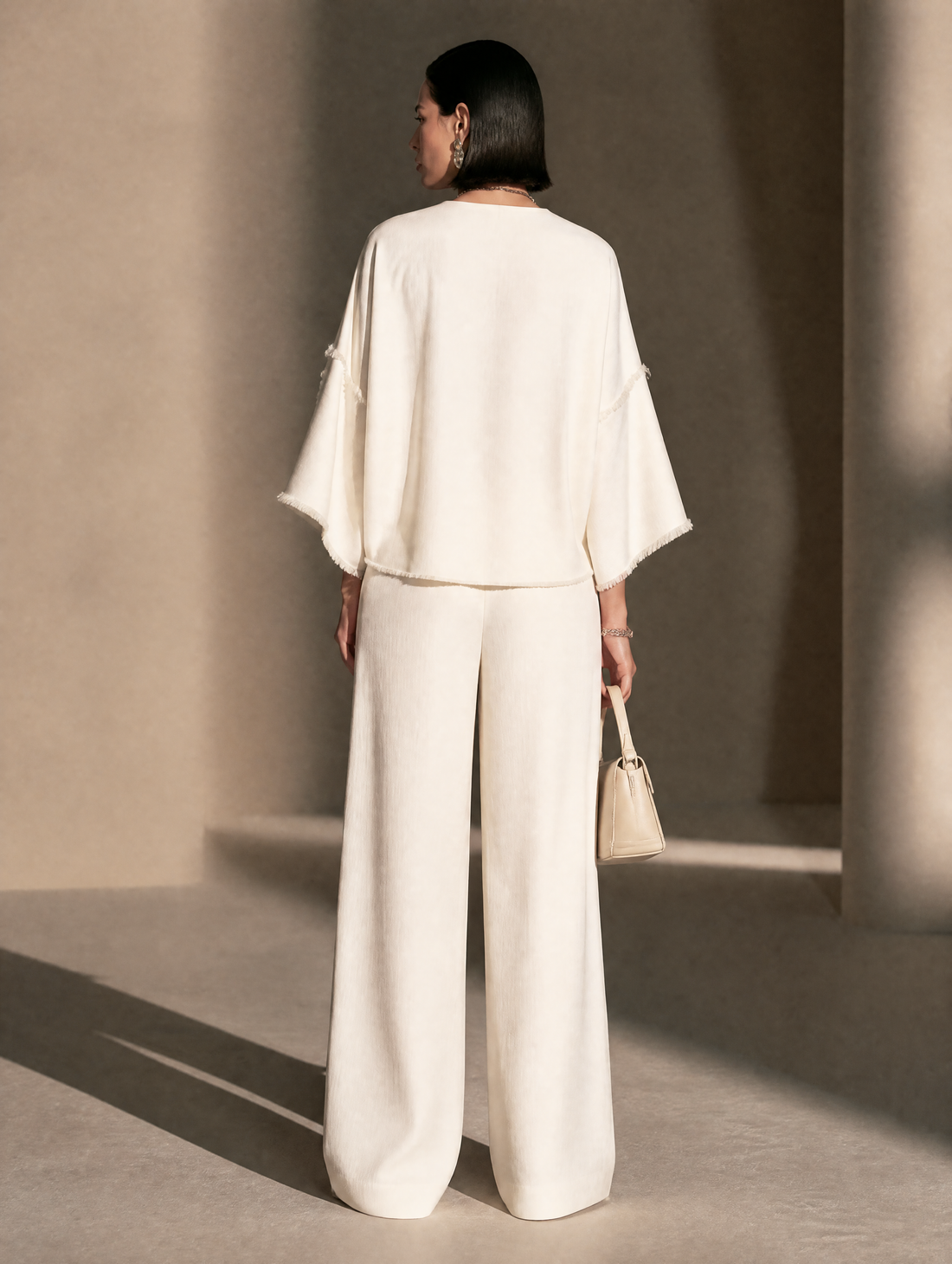 Women's Frayed Trim Elegant V-Neck Wide-Leg Pants Set MDZ2759H0GMJ