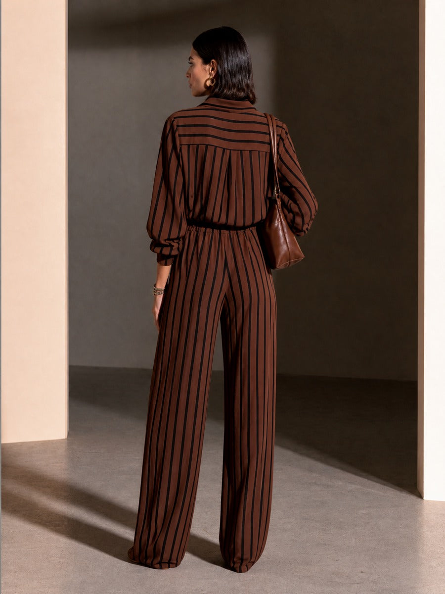 Women's Striped Half-Zip Casual Wide-Leg Pants Set MDZ0151I1GMJ
