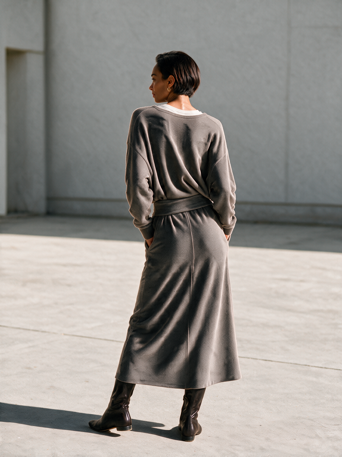 Women's V‑Neck Tie‑Waist Knit Top & A‑Line Knit Midi Skirt Set MDZ0261I8R