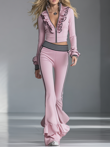 Elegant Sporty Black-trimmed Pink Flared Pants Set