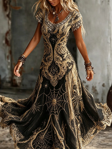 Women's Vintage Spider Web Art V-neck Short Sleeve Casual Maxi Dress