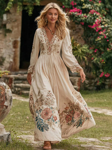 Women's Retro Bohemian Art Floral V-neck Long-sleeved Dress.