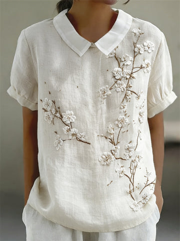 Almond Blossom Japanese Art Peter Pan Collar Linen Shirt