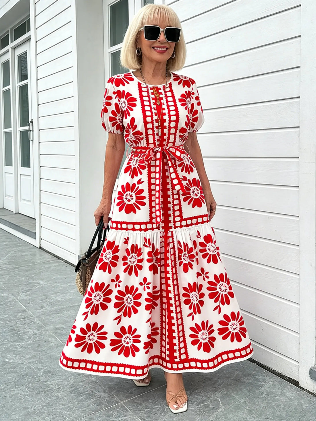 Boho Print Temperament Simple Lace-up Crew Neck Dress Vacation