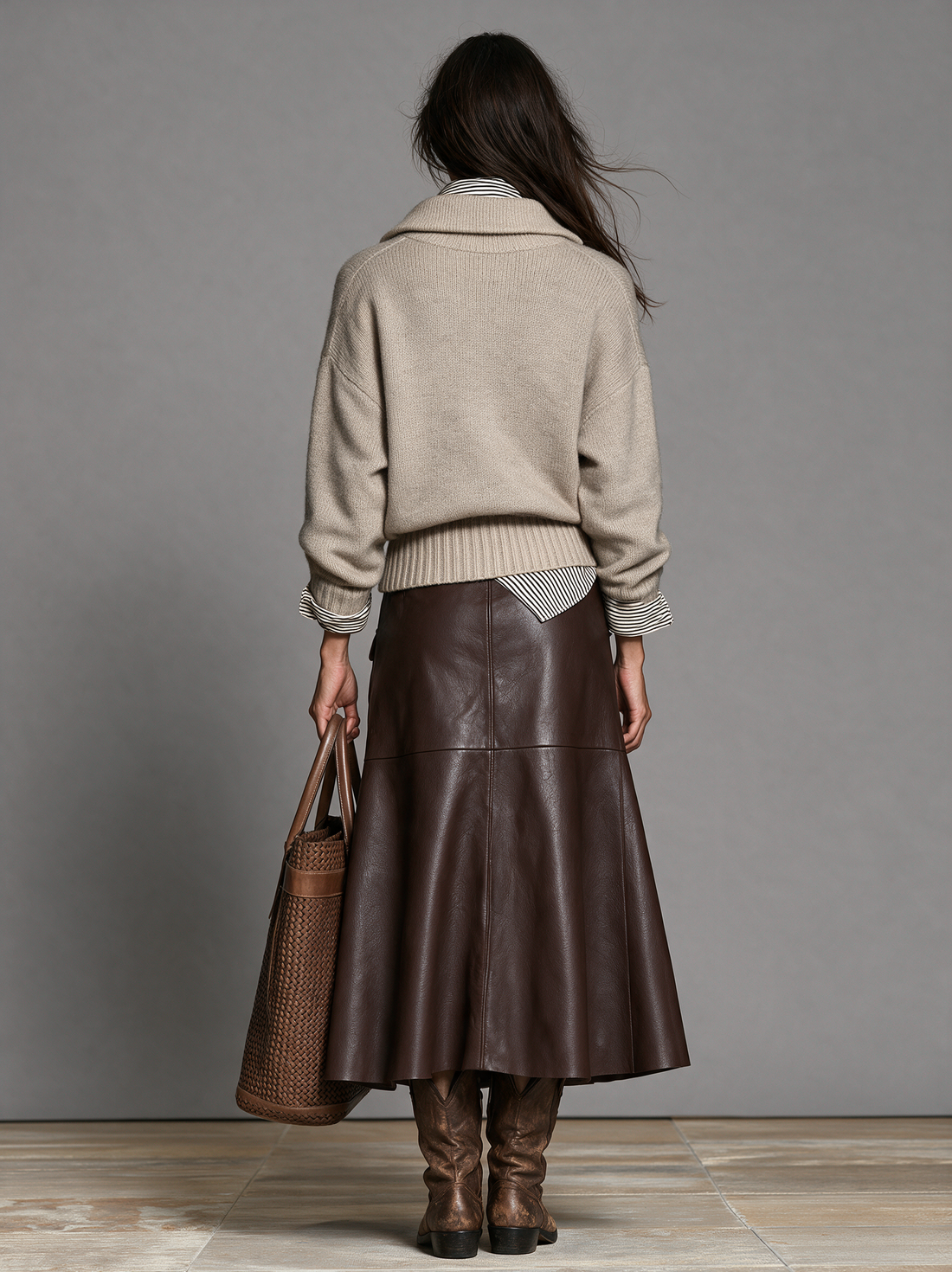 Women's Retro Zip-Collar Sweater And Faux Leather Midi Skirt Set MDZ2873H4WY