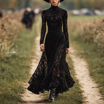 Women's Vintage Elegant Black Lace Gown With High Neckline Dress