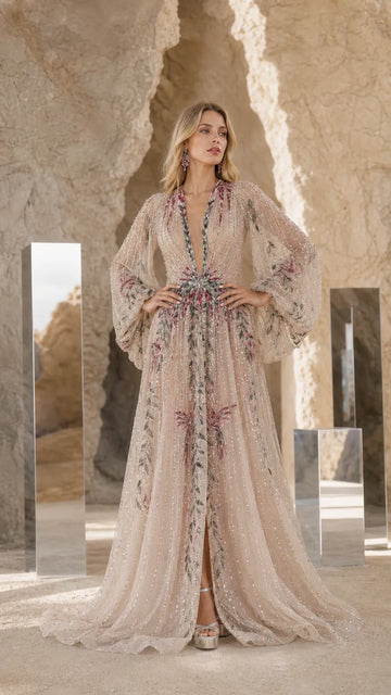 Elegance Embroidered Beaded Long Sleeve Evening Gown