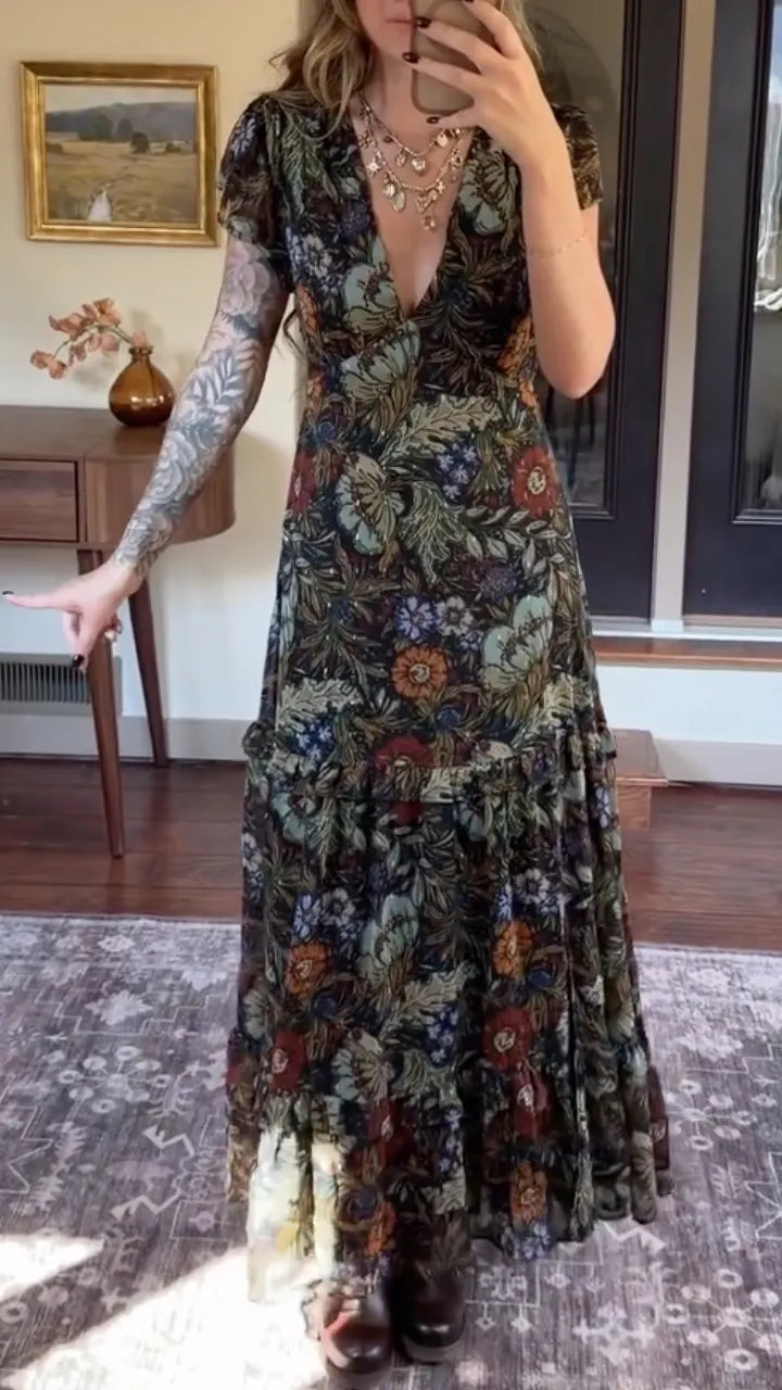 Floral V Neck Short Sleeve Tiered Maxi Dress