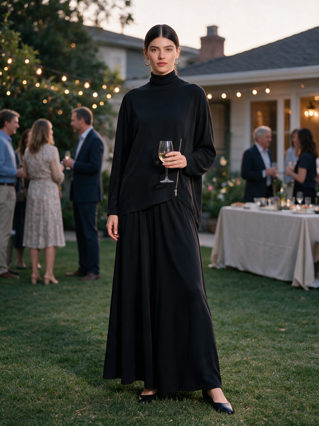 Women's Casual Black Stretch Knit Long-sleeve Top And Skirt Two-piece Set MDZ2862H2LXY