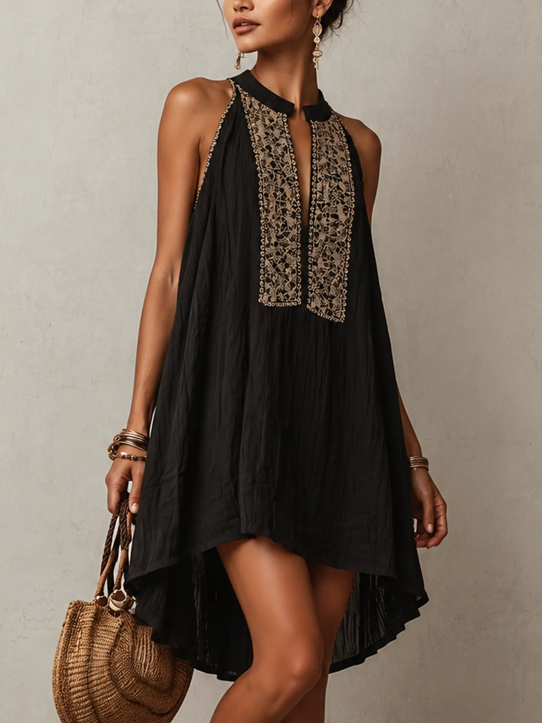 Black Textured Sleeveless Mini Dress With Lace Panel Detailing