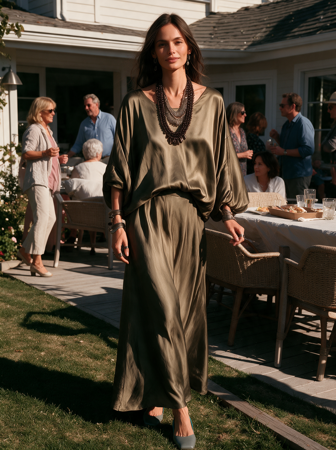 Women's Casual Olive Green Satin Long-Sleeve Top And Trousers Two-Piece Set MDZ0144I4LXY