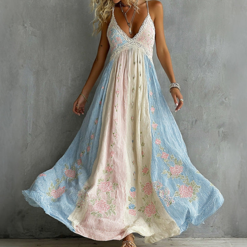 Vintage Rose Art Embroidery Color-block Spliced Linen Spaghetti Strap Dress
