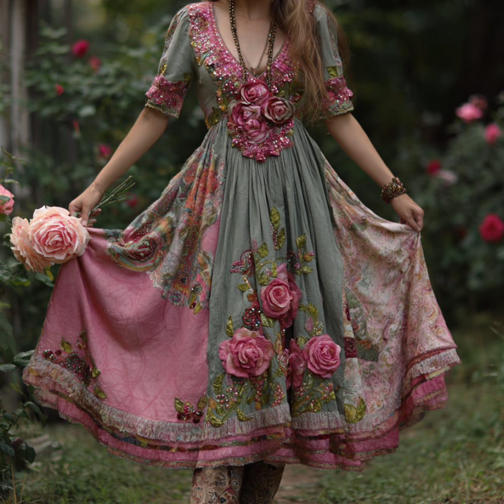 Bohemian Style Three-dimensional Pink Embroidered Rose With Sequin Embellishment, Color-blocked Vintage V-neck Short-sleeved Long Dress