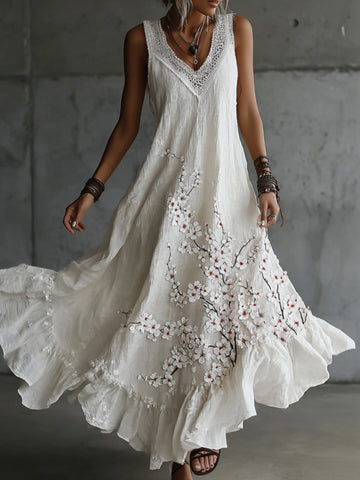 Vintage Japanese Cherry Blossoms Art V Neck Linen Sleeveless Maxi Dress
