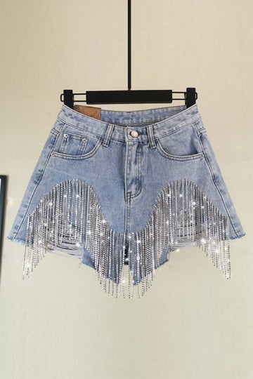 High Waist Ripped Rhinestone Chain Fringe Denim Shorts Pearl Raw Hem Y2K Hot Pants