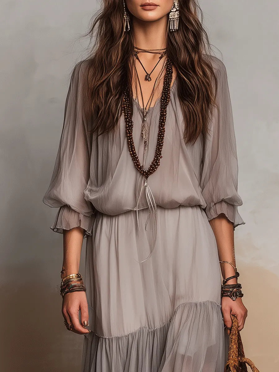 Elegant Boho Chic Ruffled Maxi Dress In Soft Gray