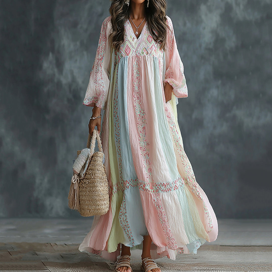 Women's Floral Art Embroidered Linen Blend V Neck Long Sleeve Dress