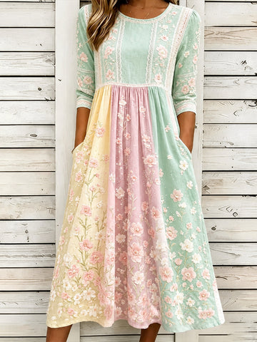 Women's Pink Floral Vine 3d Art Embroidery Patchwork Cotton Linen Distressed Round Neck Mid-sleeve Dress
