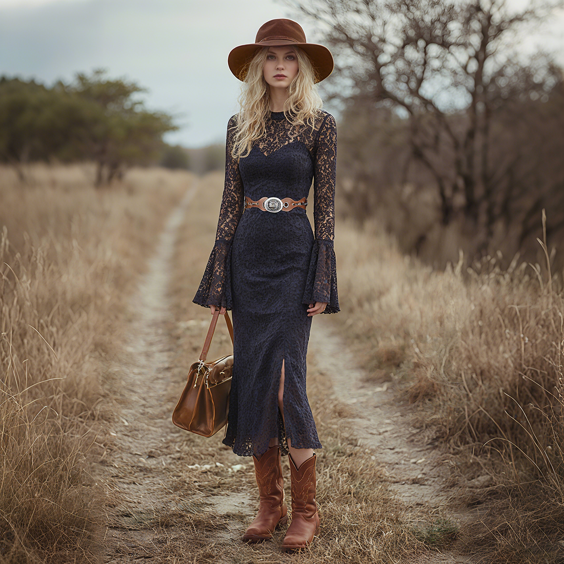 Boho Black Crew Neck Lace Belted Midi Dress