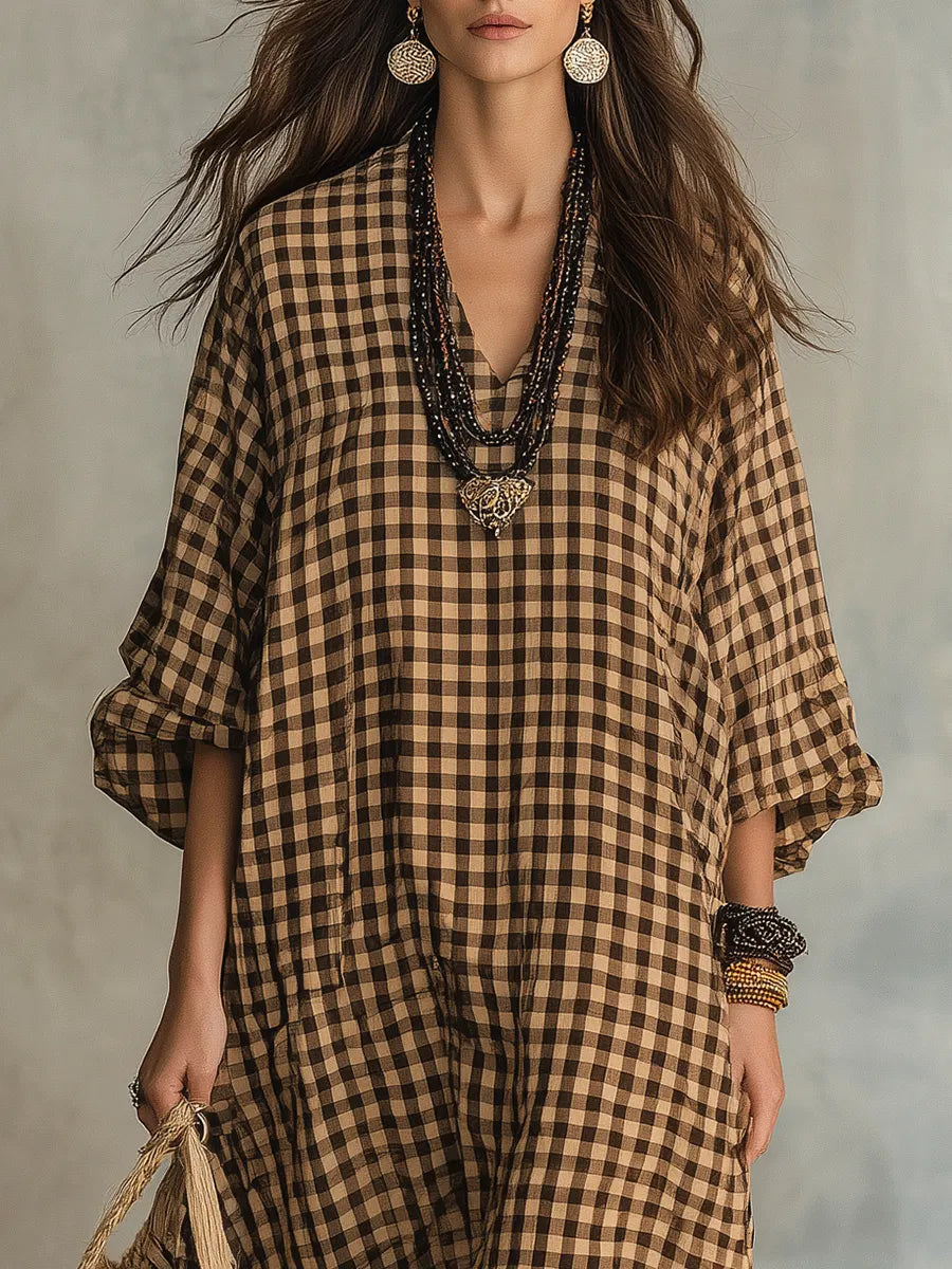 Bohemian-Inspired Relaxed Fit Gingham Check V-Neckline Maxi Dress