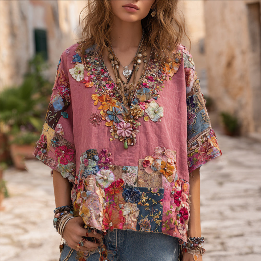 Bohemian Patchwork Three-dimensional Flower Rhinestone Embroidery Pink Vintage V-neck Short-sleeved Shirt