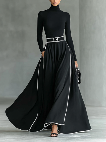 Women's Black Stitching White Trim High Collar Long Sleeve Tight Belt Maxi Dress