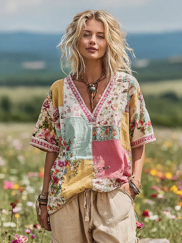 Women's Vintage Floral Art  V-neck T-shirt