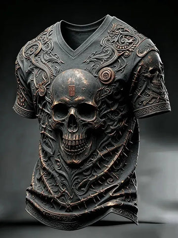 Men's Halloween Gothic  Skull Print Casual V Neck T-shirt