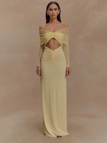 Avielle Off-Shoulder Mesh Bodycon Maxi Dress – Twist Front Ruched Cut-Out Gown for Weddings and Evening Occasions