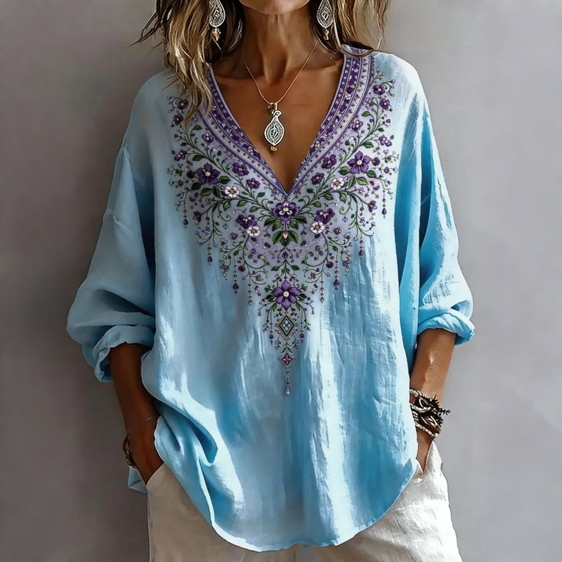 Women's Casual Retro Floral Art Print Cotton V Neck Tops
