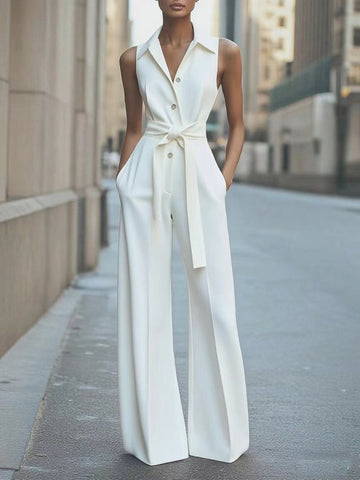 Elegant Sleeveless Blazer Jumpsuit - Professional Wide-Leg One-Piece with Waist Tie