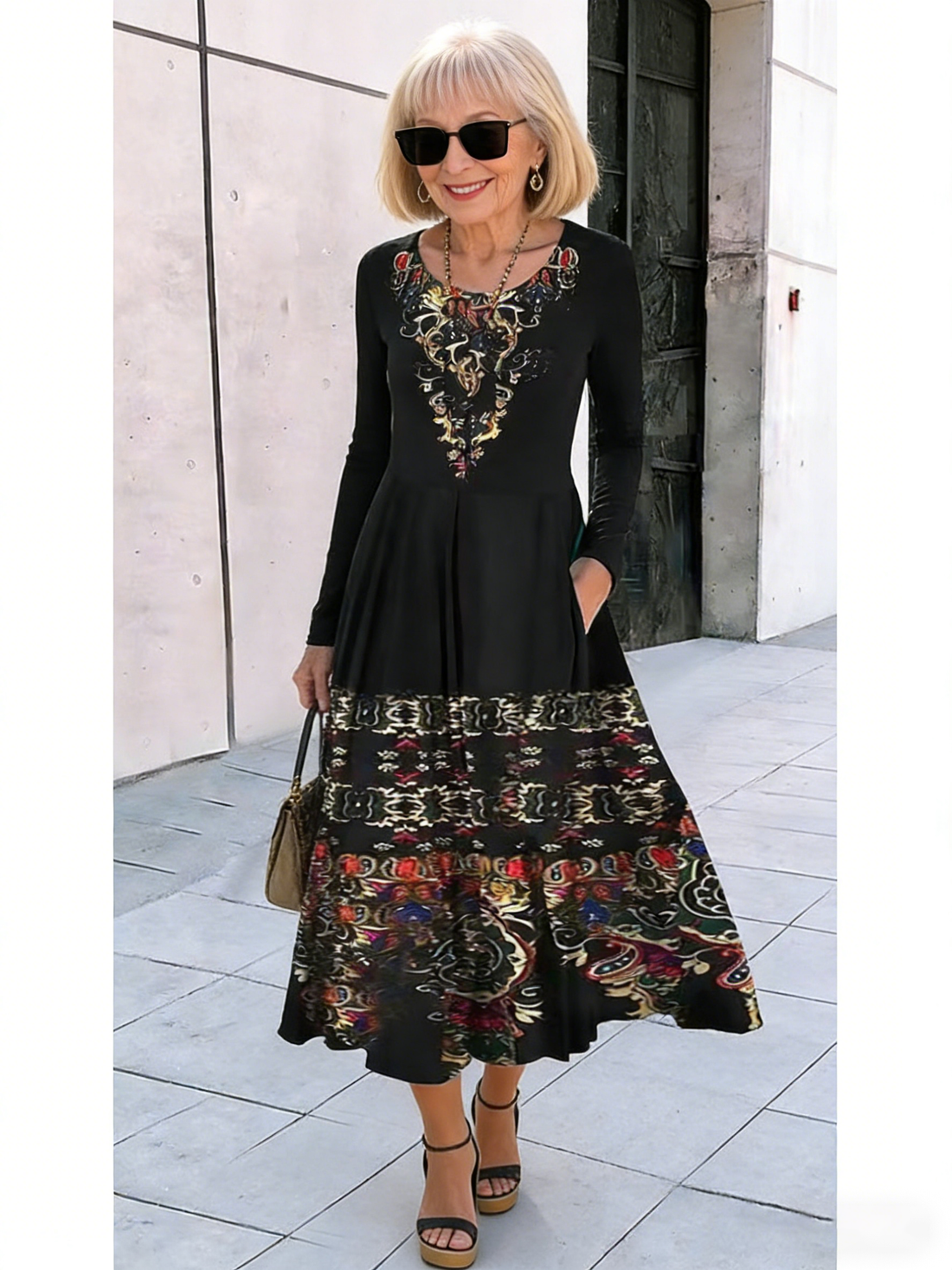 Crew Neck Long Sleeve Loose Geometric Pattern Printed Pendulum Dress