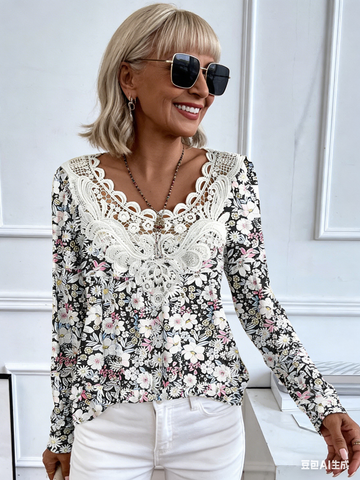 Casual Crew Neck Long Sleeve Pullover Printing Multi-Color Women's T-Shirt Splicing Lace
