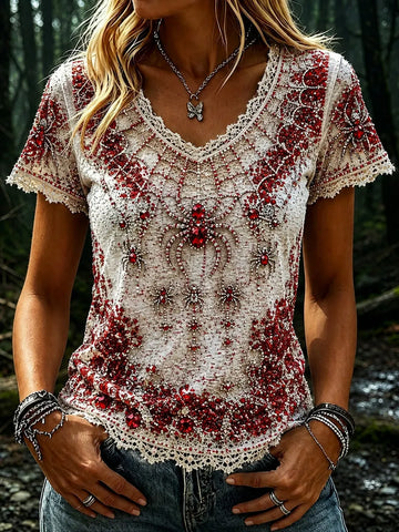 Women's Vintage Spider Art V-neck Short Sleeve Linen Blend T-shirt