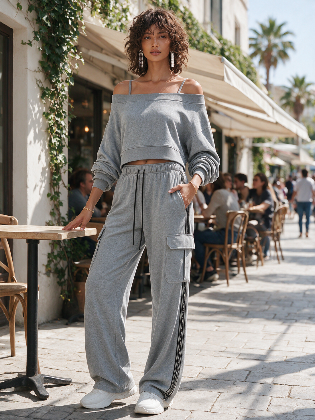Women's Casual Off-Shoulder Cami Dropped-Shoulder Long-Sleeve Cropped Sweatshirt & Drawstring Cargo Wide-Leg Trouser Set MDZ2080H0CMX