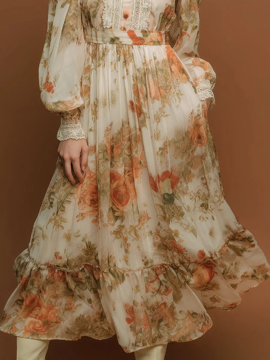 Bohemian Holiday Printed Lace Chiffon Midi Dress
