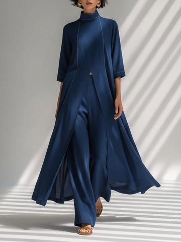 Women's Navy Blue Light Chiffon Co-Ord With Contrast White Stitch Seam Tunic & High Waist Flowy Trousers, Modern Effortless-Chic Smart Casual Two-Piece Set MDZ2943F9LYL