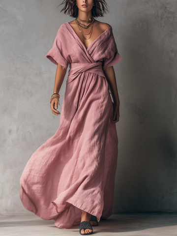 Elegant Wrap V-Neck Belted Maxi Dress