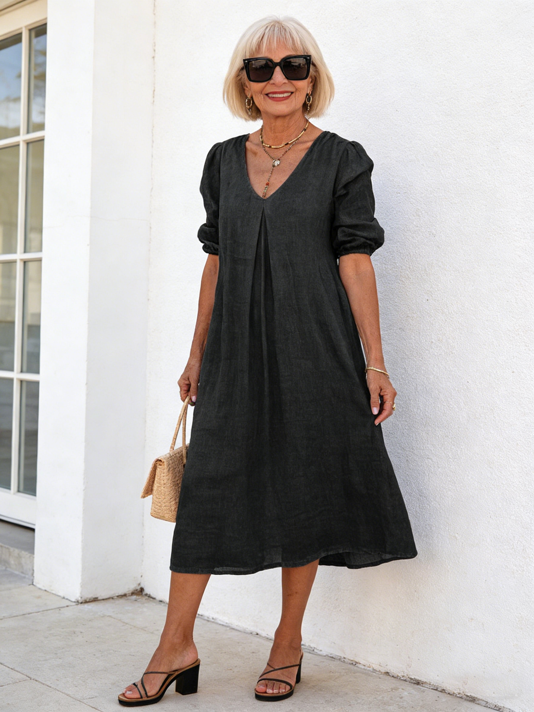 Blue Deep V Cotton and Linen Dress