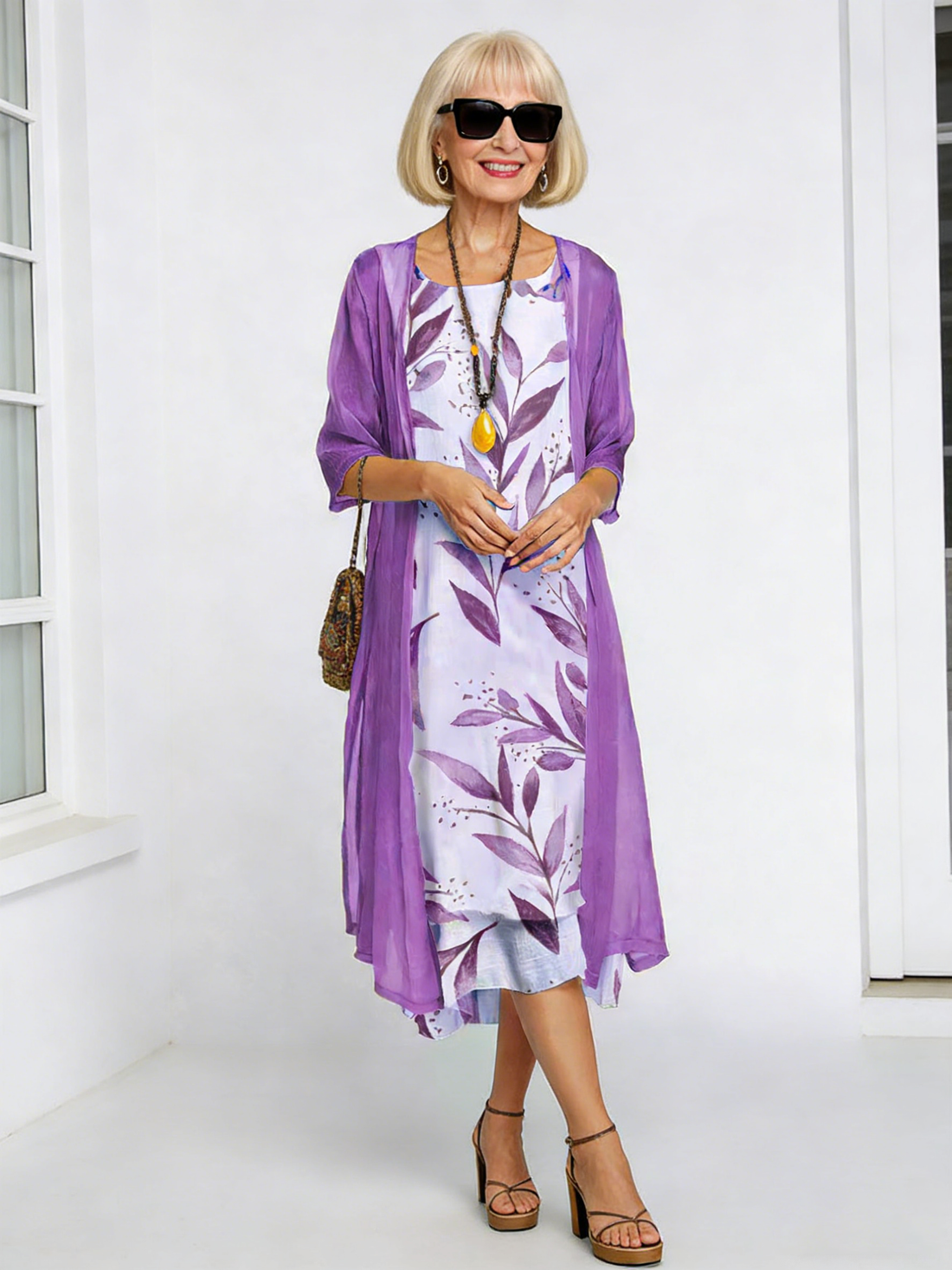 Long Dress Two-piece Flower and Plant Print Crew Neck Dress Coat Women