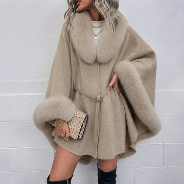 Faux Fur Collar Cape Coat With Belt